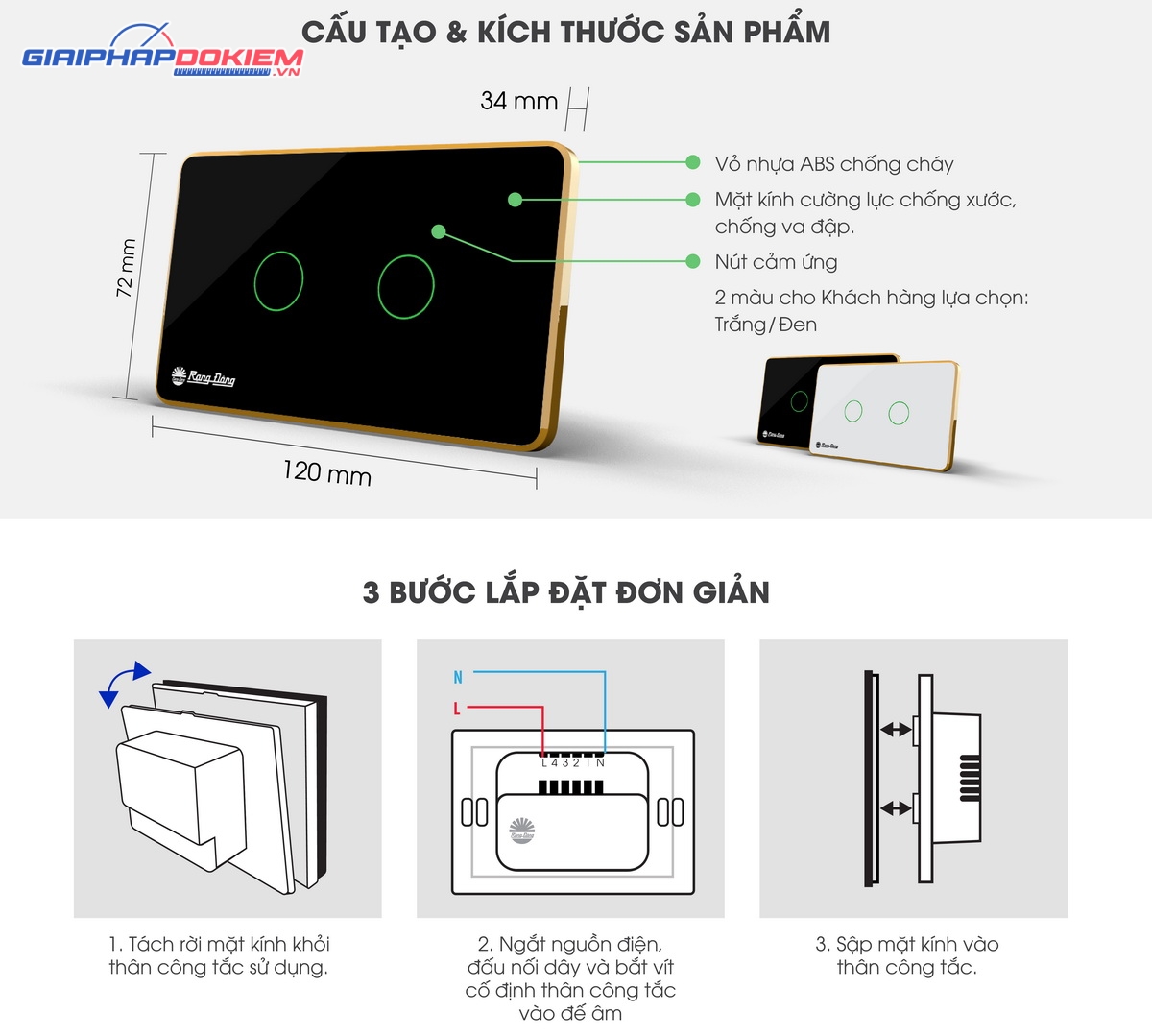 Công tắc cảm ứng 2 nút bấm Rạng Đông RD-CT.02 Công tắc cảm ứng 2 nút bấm Rạng Đông RD-CT.02