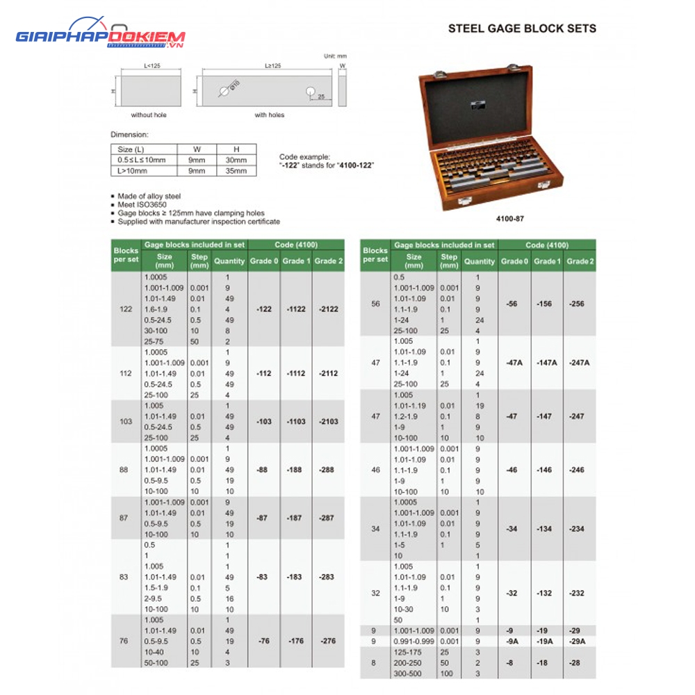 Bộ căn mẫu 47 chi tiết INSIZE 4100-247 (1.005~100mm, grade 2) 3 Bộ căn mẫu 47 chi tiết INSIZE 4100-247 (1.005~100mm, grade 2)