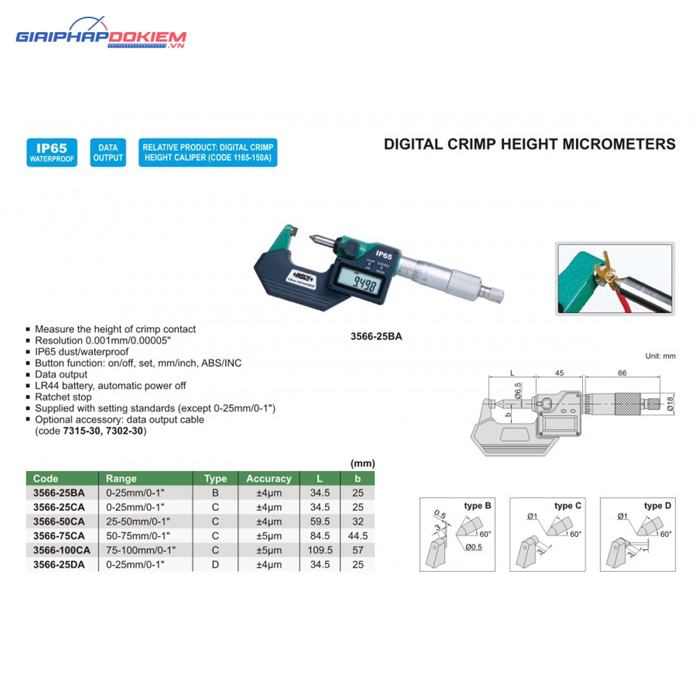 Panme đo chiều cao mép gấp điện tử INSIZE 3566-25BA (0-25mm/0-1") 5 Panme đo chiều cao mép gấp điện tử INSIZE 3566-25BA