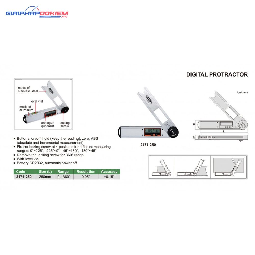 Thước đo góc điện tử Insize 2171-250 3 Thước đo góc điện tử Insize 2171-250