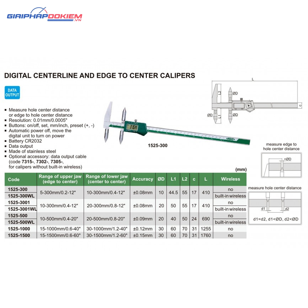 Thước đo khoảng cách lỗ/cạnh tới lỗ điện tử INSIZE 1525-300 3 Thước đo khoảng cách lỗ/cạnh tới lỗ điện tử INSIZE 1525-300
