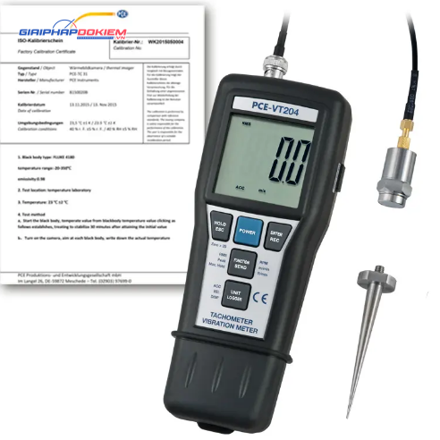 Máy đo gia tốc PCE PCE-VT 204-ICA bao gồm Giấy chứng nhận hiệu chuẩn ISO 18 PCE PCE-VT 204-ICA