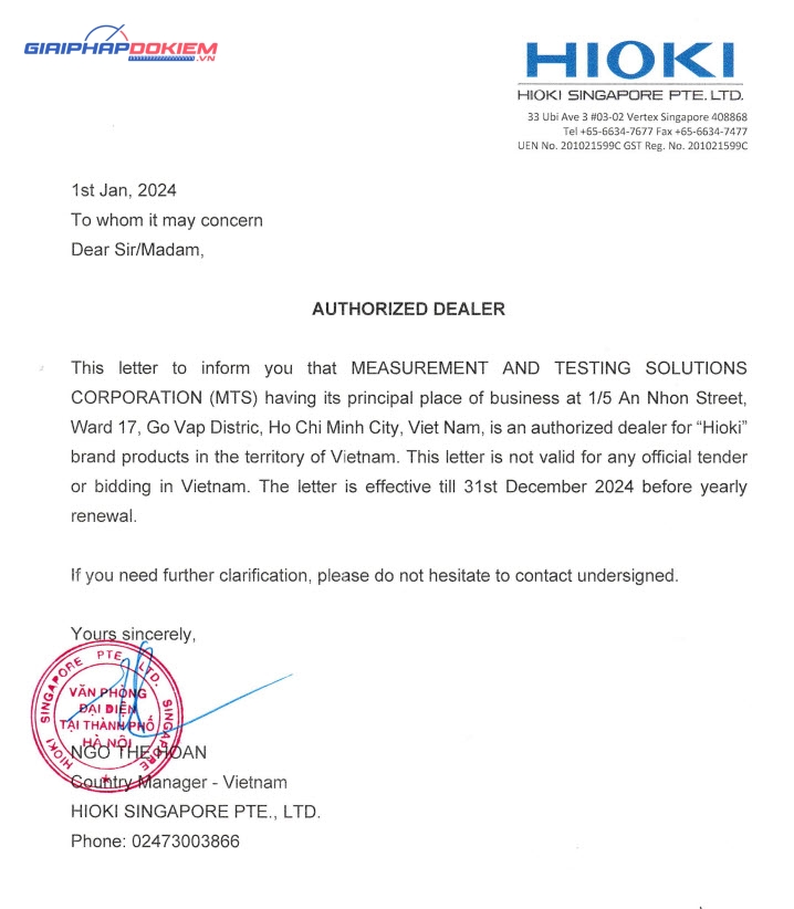 Giấy chứng nhận đại lý từ Hioki chính hãng của Giải Pháp Đo Kiểm (MTS)