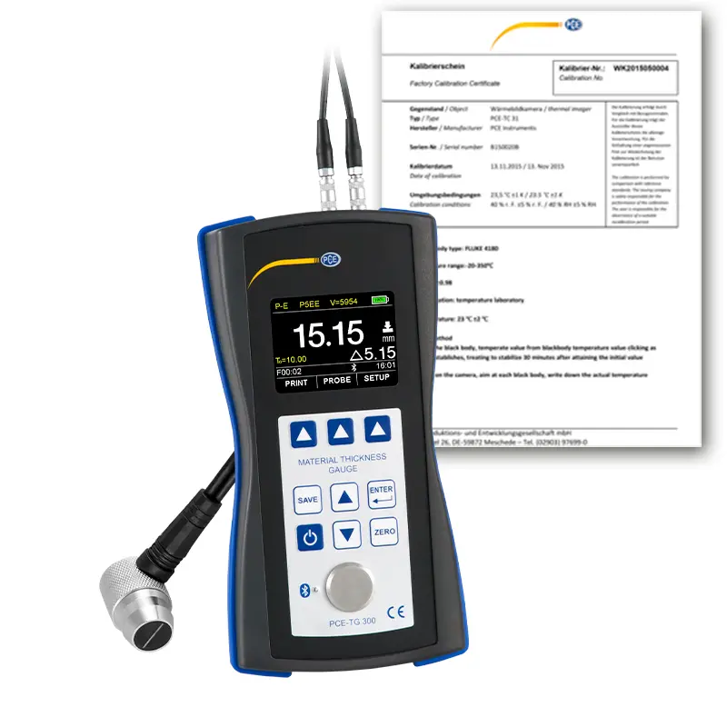 Máy đo độ dày PCE PCE-TG 300-P5EE-ICA bao gồm chứng chỉ hiệu chuẩn ISO 21 Máy đo độ dày PCE PCE-TG 300-P5EE-ICA bao gồm chứng chỉ hiệu chuẩn ISO