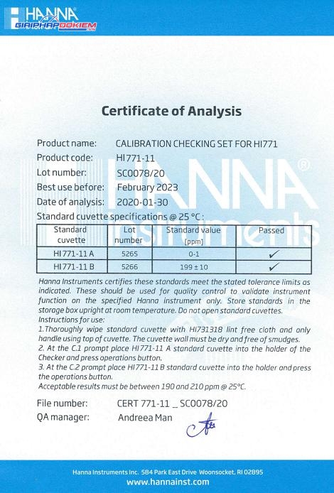 Bộ CalCheck Chuẩn Clo Thang Cao Để Kiểm Tra Máy HI771 Hanna HI771-11 2 Bộ CalCheck Chuẩn Clo Thang Cao Để Kiểm Tra Máy HI771 Hanna HI771-11
