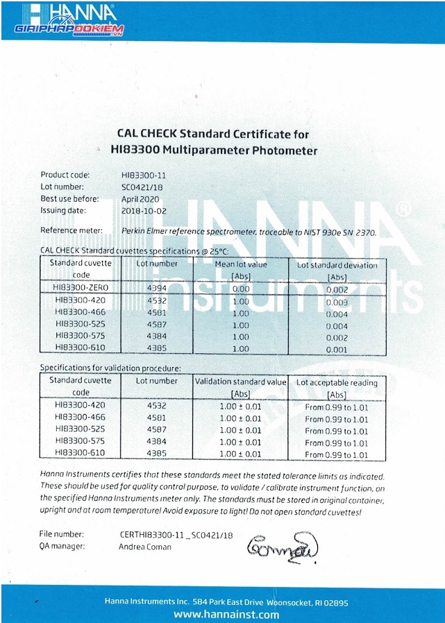 Dung Dịch CAL Check™ Chuẩn Bước Sóng Dùng Để Kiểm Tra Máy HI83300 Hanna HI83300-11 2 Dung Dịch CAL Check™ Chuẩn Bước Sóng Dùng Để Kiểm Tra Máy HI83300 Hanna HI83300-11