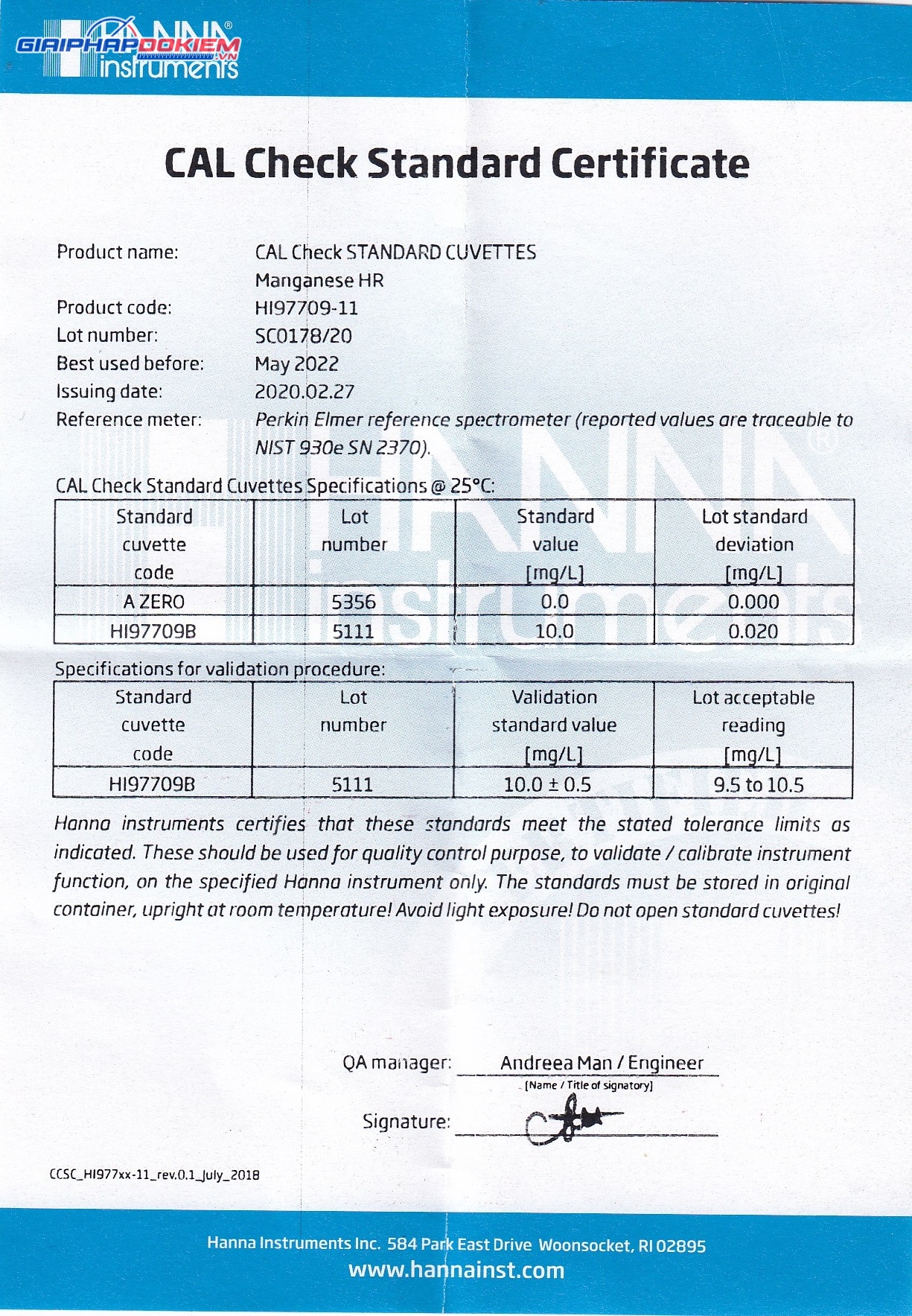 Dung Dịch CAL Check™ Chuẩn Mangan HR Dùng Cho Máy Đo Quang Hanna HI97709-11 2 Dung Dịch CAL Check™ Chuẩn Mangan HR Dùng Cho Máy Đo Quang Hanna HI97709-11