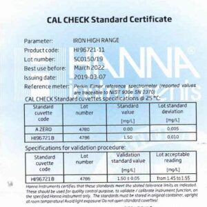 Dung Dịch CAL Check™ Chuẩn Sắt Thang Cao Dùng Cho Máy HI96721 Hanna HI96721-11 4 Dung Dịch CAL Check™ Chuẩn Sắt Thang Cao Dùng Cho Máy HI96721 Hanna HI96721-11