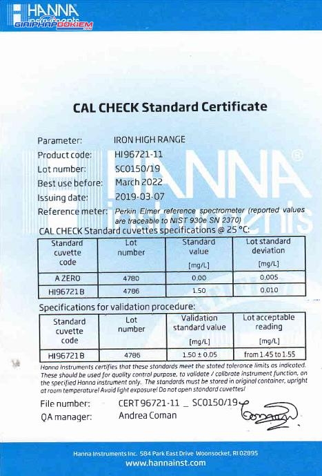 Dung Dịch CAL Check™ Chuẩn Sắt Thang Cao Dùng Cho Máy HI96721 Hanna HI96721-11 2 Dung Dịch CAL Check™ Chuẩn Sắt Thang Cao Dùng Cho Máy HI96721 Hanna HI96721-11