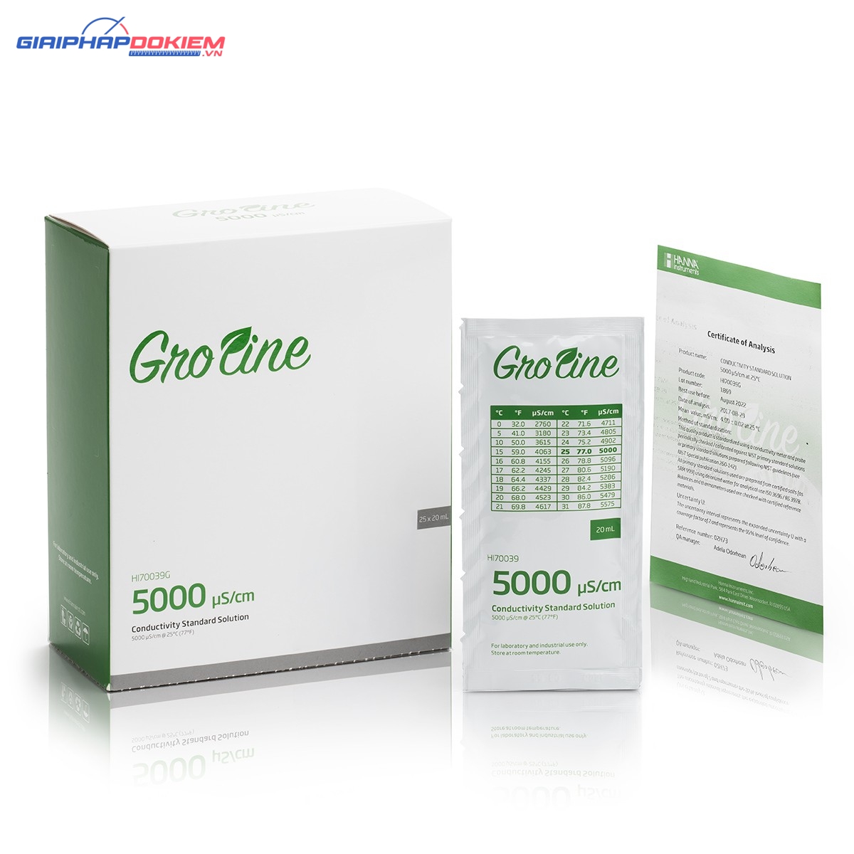 Dung Dịch Hiệu Chuẩn Độ Dẫn 5000 µS/cm, Hộp 25 gói 20mL Hanna HI70039G 2 Dung Dịch Hiệu Chuẩn Độ Dẫn 5000 µS/cm, Hộp 25 gói 20mL Hanna HI70039G
