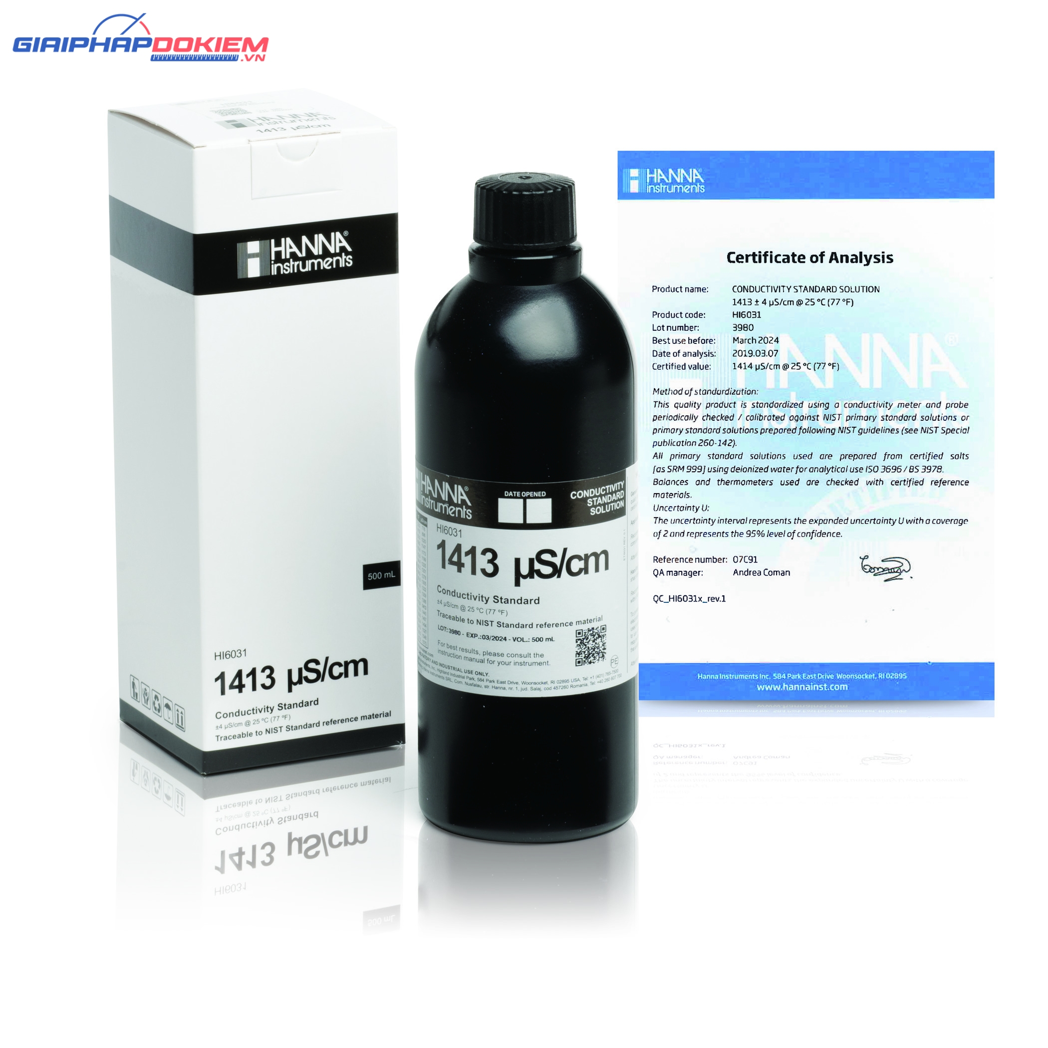 Dung Dịch Hiệu Chuẩn Độ Dẫn (EC) 1413 µS/cm, Chai Chắn Sáng 500mL Hanna HI6031 1 Dung Dịch Hiệu Chuẩn Độ Dẫn (EC) 1413 µS/cm, Chai Chắn Sáng 500mL Hanna HI6031