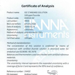 Dung Dịch Hiệu Chuẩn Floride 100ppm, 500 mL Hanna HI4010-02 3 Dung Dịch Hiệu Chuẩn Floride 100ppm, 500 mL Hanna HI4010-02