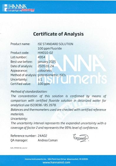 Dung Dịch Hiệu Chuẩn Floride 100ppm, 500 mL Hanna HI4010-02 2 Dung Dịch Hiệu Chuẩn Floride 100ppm, 500 mL Hanna HI4010-02