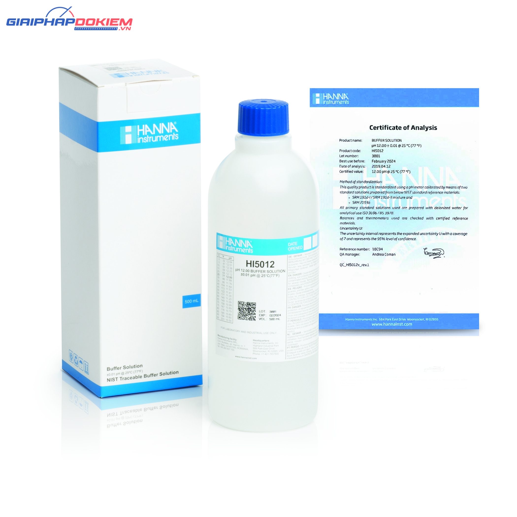 Dung Dịch Hiệu Chuẩn pH 12.00, 500 mL Hanna HI5012 2 Dung Dịch Hiệu Chuẩn pH 12.00, 500 mL Hanna HI5012