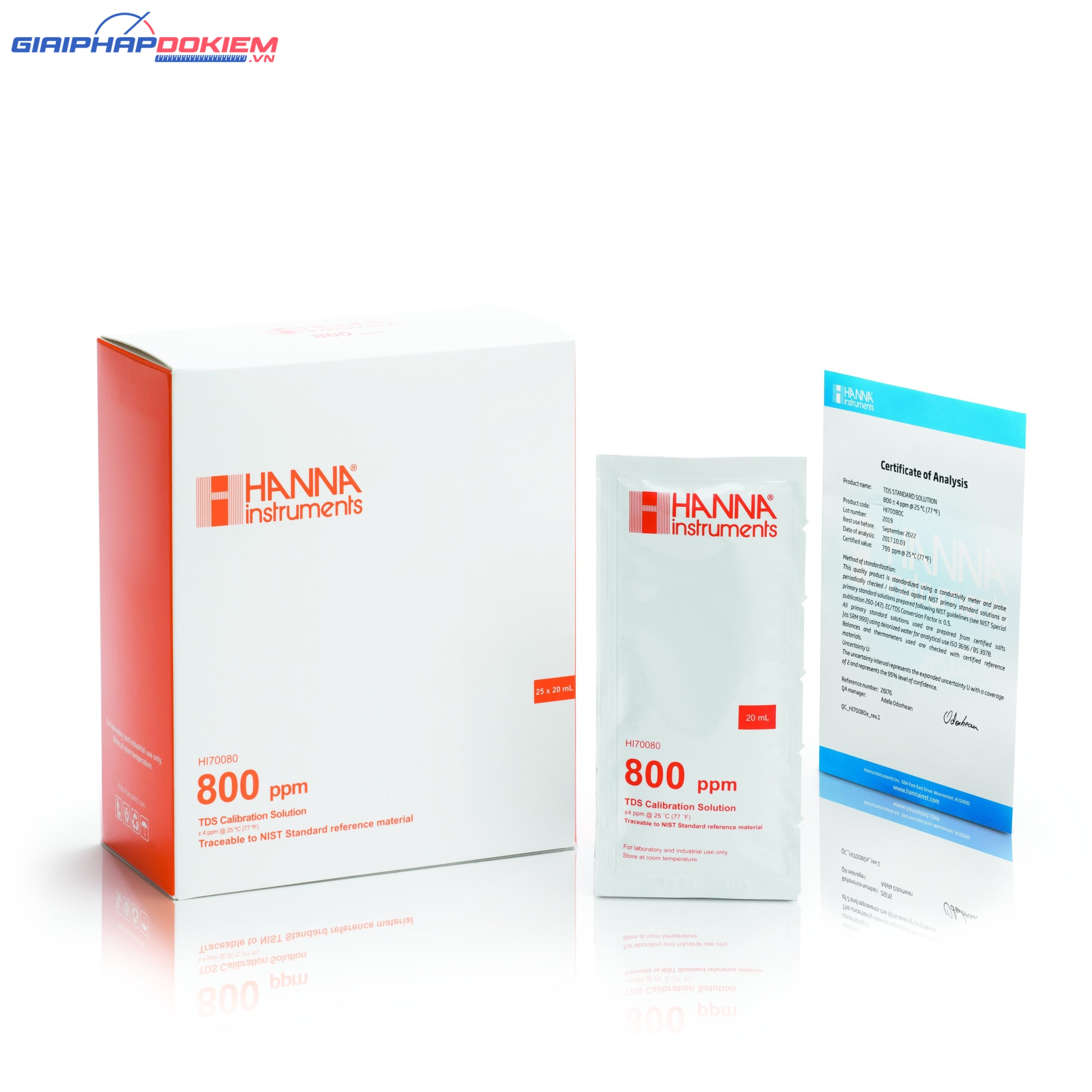 Dung Dịch Hiệu Chuẩn TDS 800 mg/L (ppm), Hộp 25 gói 20mL Hanna HI70080P 1 Dung Dịch Hiệu Chuẩn TDS 800 mg/L (ppm), Hộp 25 gói 20mL Hanna HI70080P