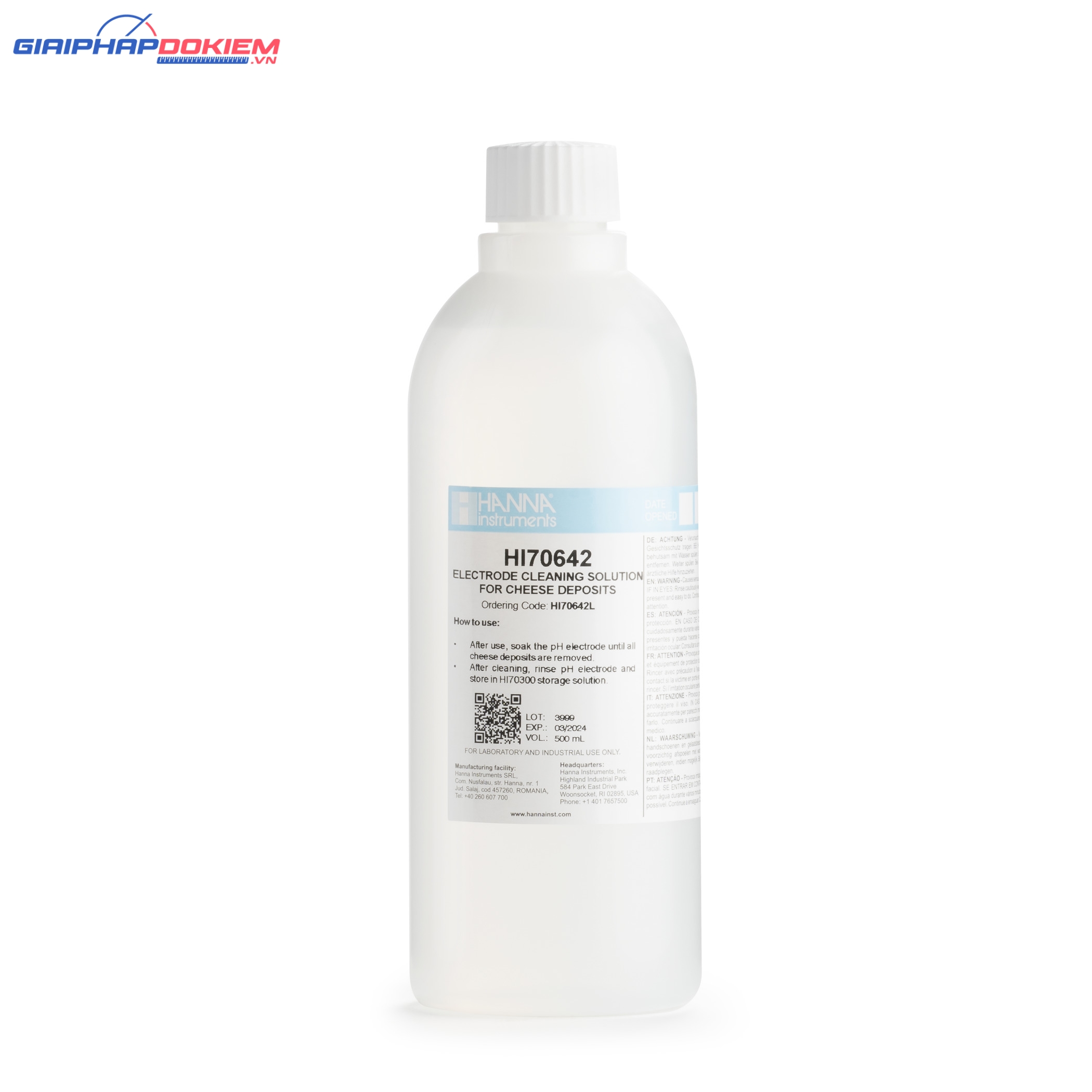 Dung Dịch Rửa Điện Cực Trong Pho Mát, Chai 500 mL Hanna HI70642L 4 Dung Dịch Rửa Điện Cực Trong Pho Mát, Chai 500 mL Hanna HI70642L