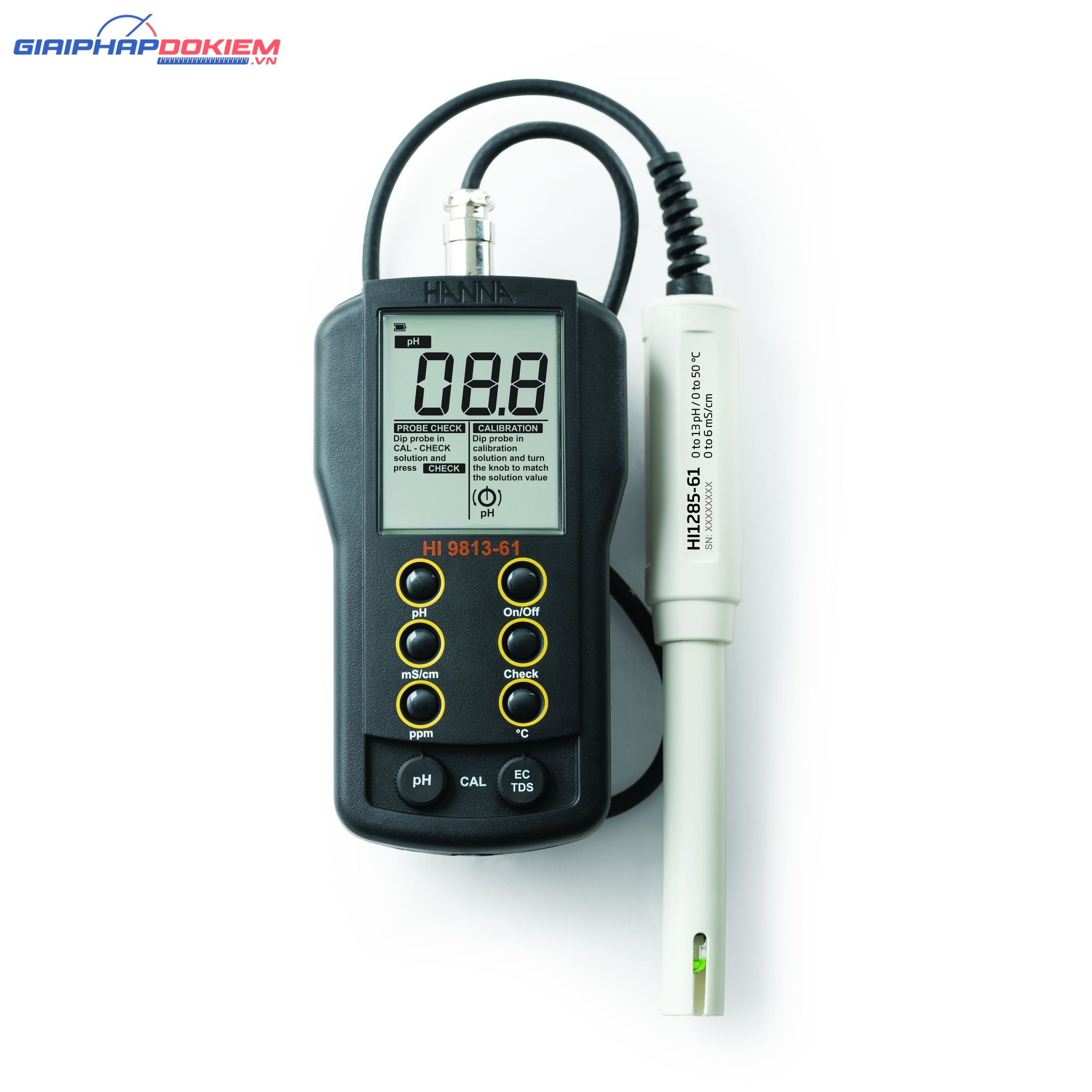 Máy đo pH/EC/TDS/Nhiệt độ Thang Cao CAL Check Hanna HI9813-61 1 Máy đo pH/EC/TDS/Nhiệt độ Thang Cao CAL Check Hanna HI9813-61