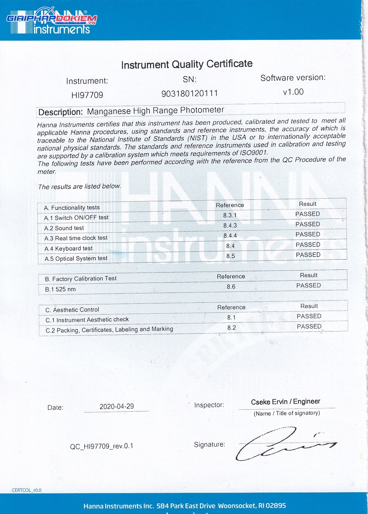 Máy Quang Đo Mangan Thang Cao Trong Nước Sạch Hanna HI97709 5 Máy Quang Đo Mangan Thang Cao Trong Nước Sạch Hanna HI97709