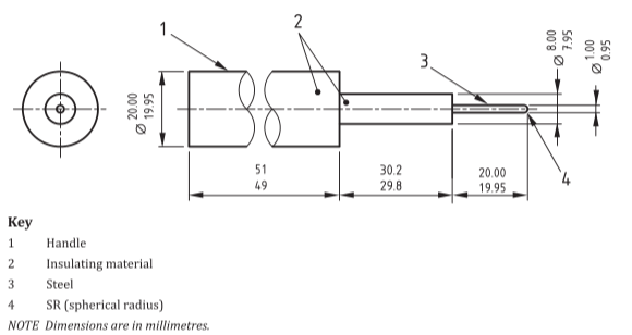 Que thử nghiệm ngón tay bằng thép cán nylon tiêu chuẩn BS1363-1 Figure 1 7 Steel Test Pin Test Finger Probe With Nylon Handle As Per BS1363-1 Figure 1 0