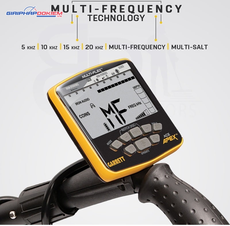 Máy dò kim loại dưới lòng đất Garrett Apex Multi Frequency 9 Garrett Apex Multi Frequency sử dụng công nghệ đa tần Multi Frequency và đơn tần
