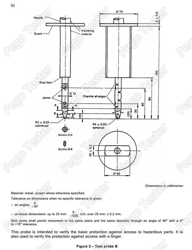 Đầu dò ngón tay thử nghiệm chuẩn IEC 62196 có đèn báo 42V dài 80±0.2mm 7 EV Connectors Testing Equipment IEC 62196 Test Finger Probe B